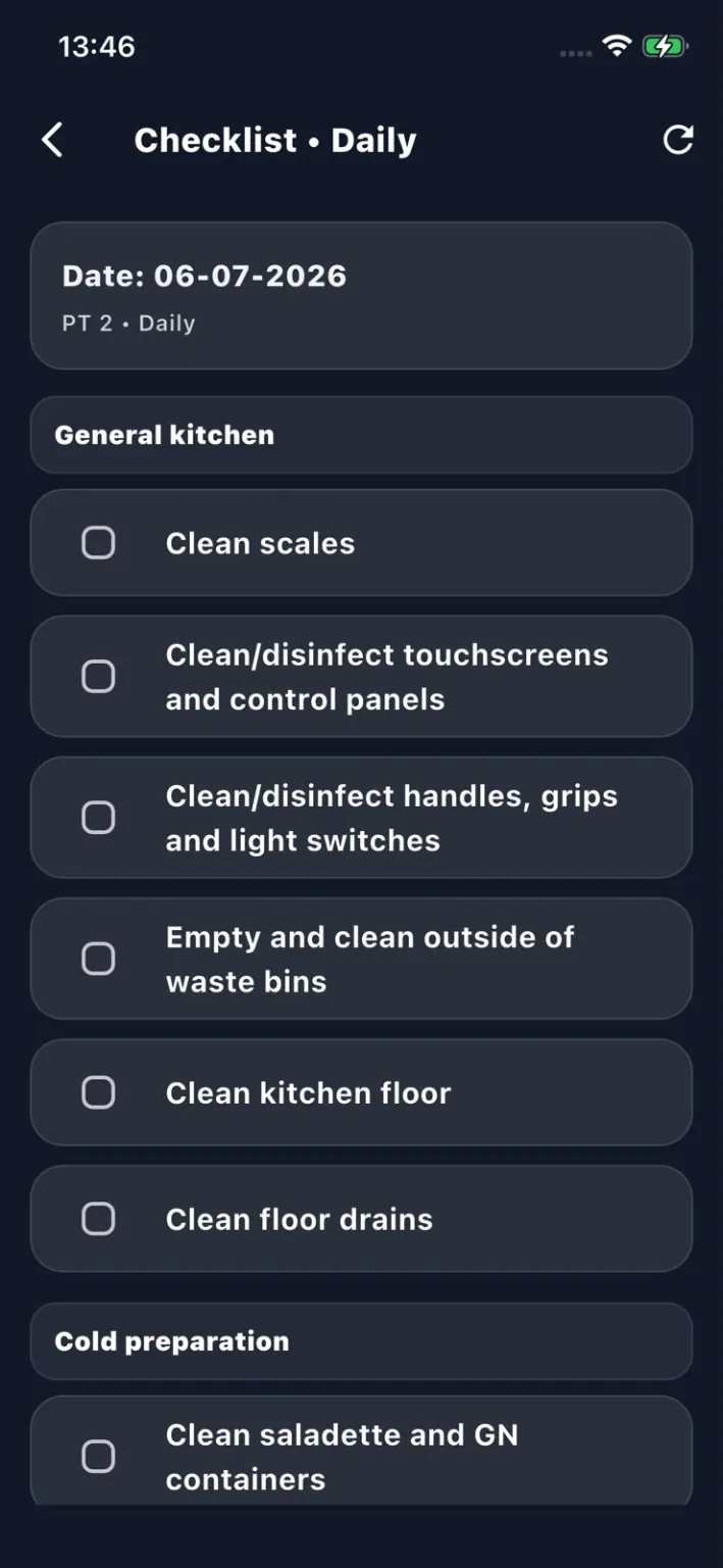 Engelstalige HACCP schoonmaakchecklist in MyChef FoodSafety app