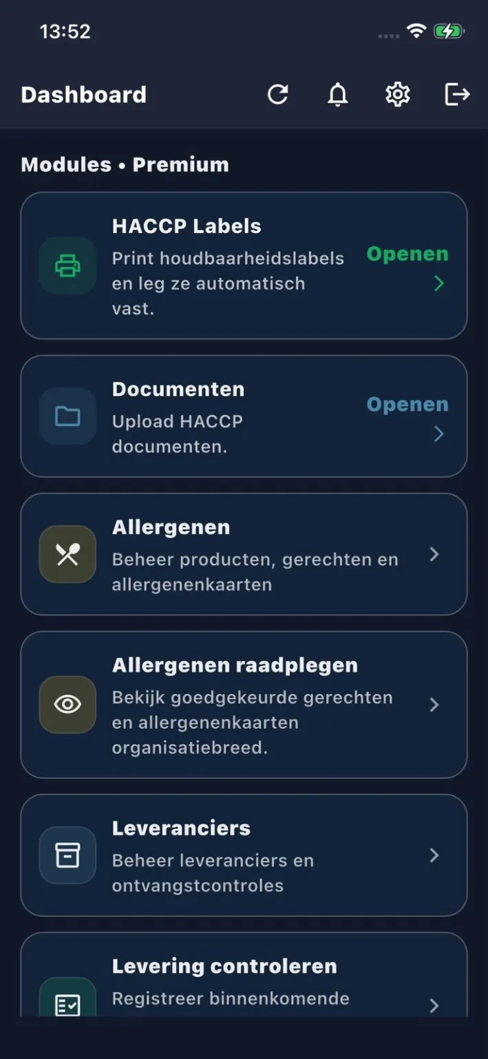 Premium modules dashboard met allergenenbeheer in MyChef FoodSafety