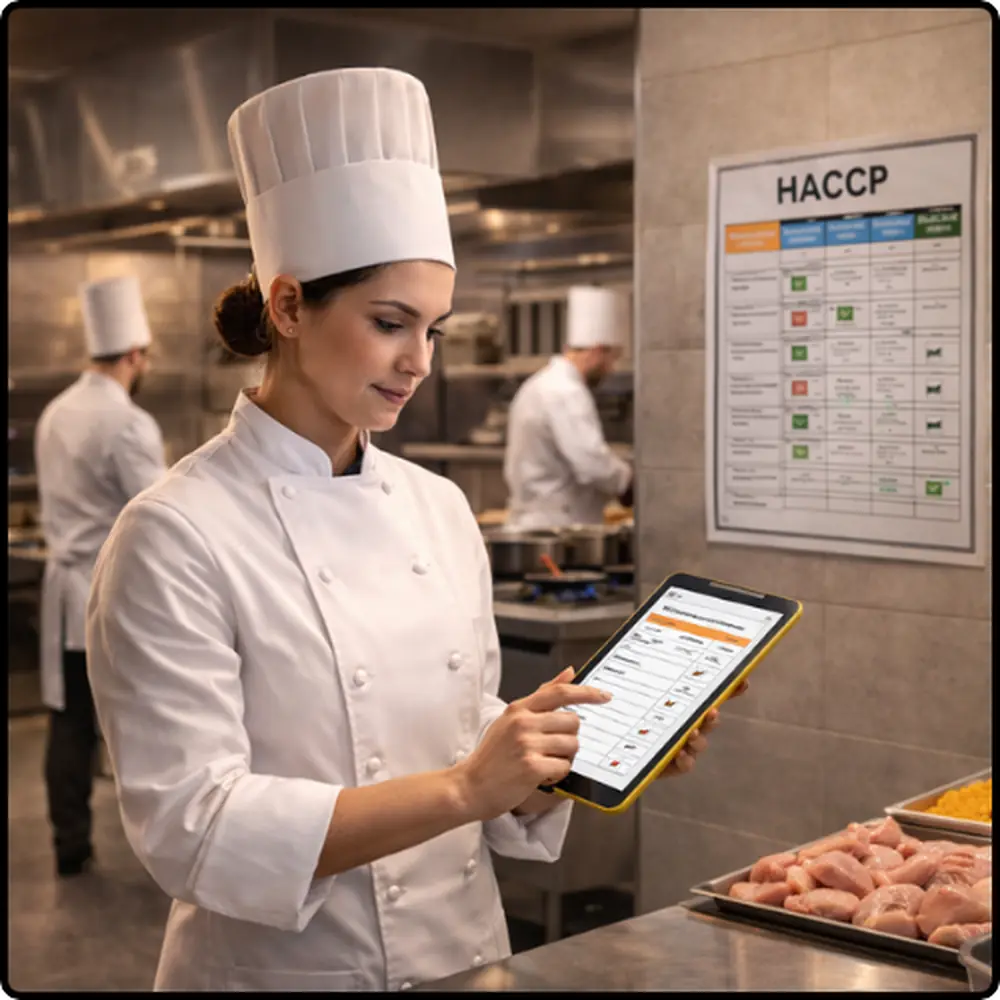 Chef gebruikt een digitale HACCP app in een professionele keuken